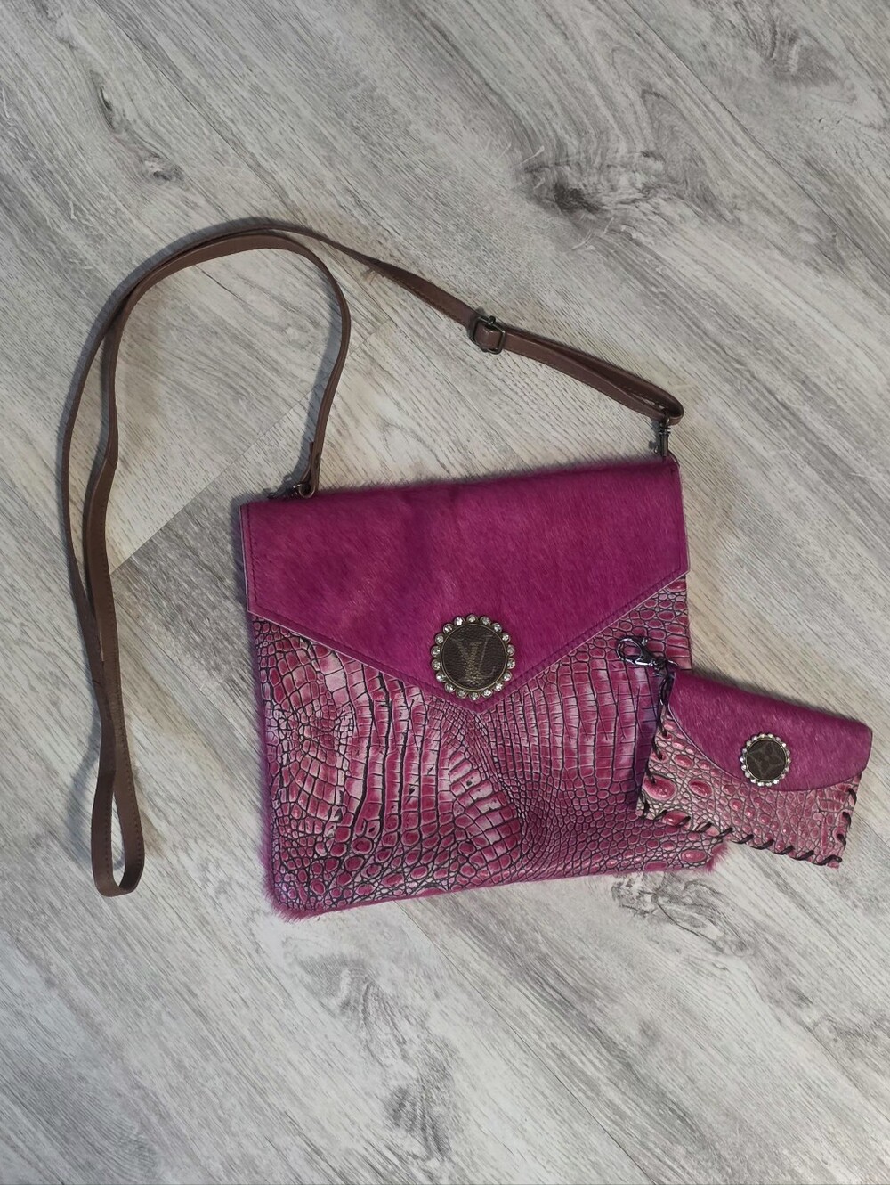 Designer Repurposed Fushia Pink Crossbody Shourlder Bag & Wallet